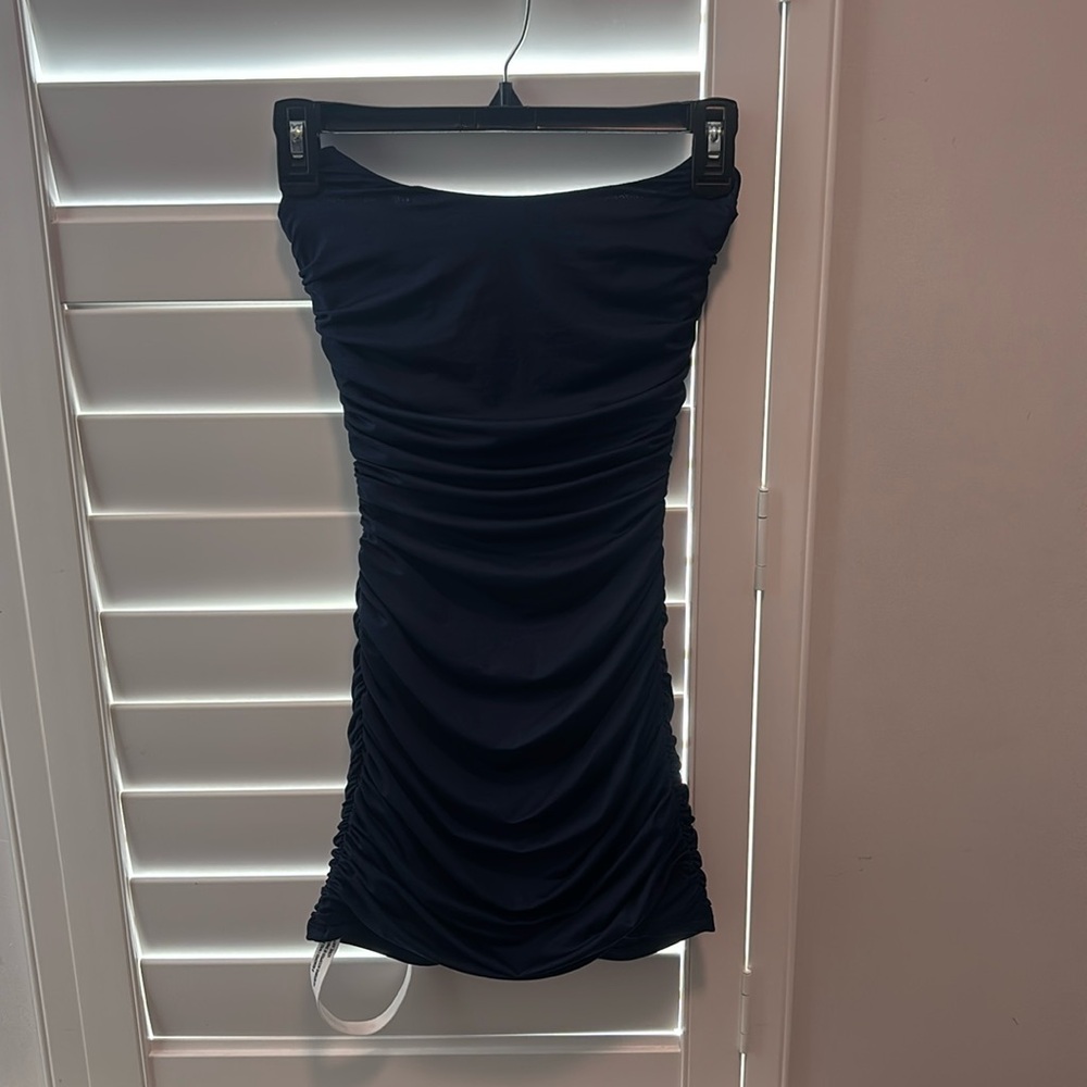 Navy Blue Ruched Straplesss Lucy in the Sky Dress